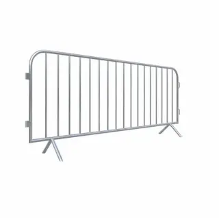 A single galvanized steel crowd control barrier with a low bridge foot, standing on a plain background.